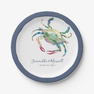 Assiettes En Carton Aquarelle Crabe bleu Petit Mariage de plage