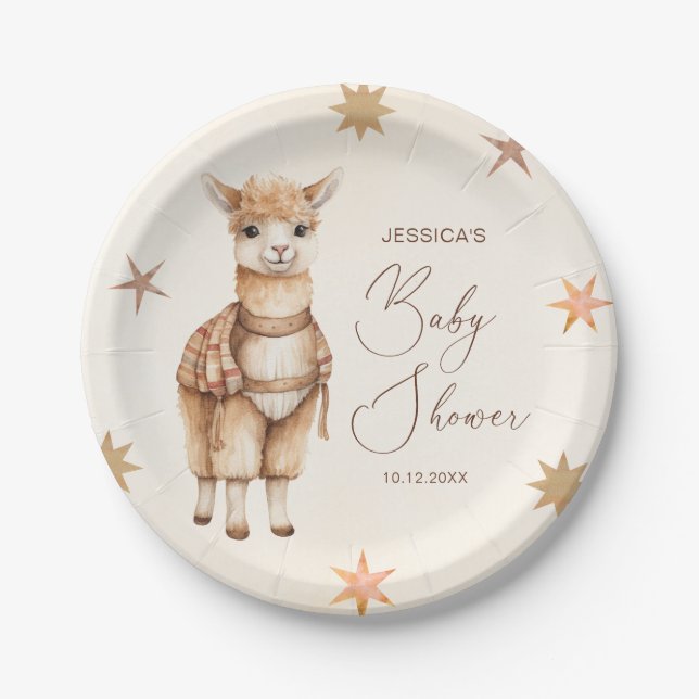 Assiettes En Carton Aquarelle Cute Llama Baby shower beige (Devant)