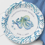 Assiettes En Carton Aquarelle Cute Octopus Plaques de papier personnal<br><div class="desc">Faites un brin avec ces mignonettes en papier personnalisées, parfait pour un baby shower garçon ou une fête de plage sur le thème de la mer ou de la côte. Ce design présente une bordure corallienne avec une pieuvre aquarelle et des étoiles de mer dans de belles nuances de bleu....</div>