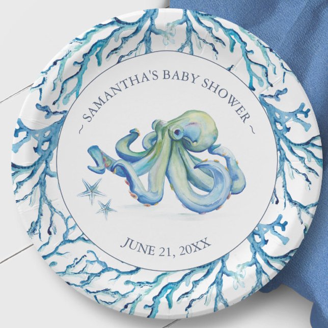 Assiettes En Carton Aquarelle Cute Octopus Plaques de papier personnal (Under the sea baby shower theme features unique watercolor art Victoria Grigaliunas Do Tell A Belle)