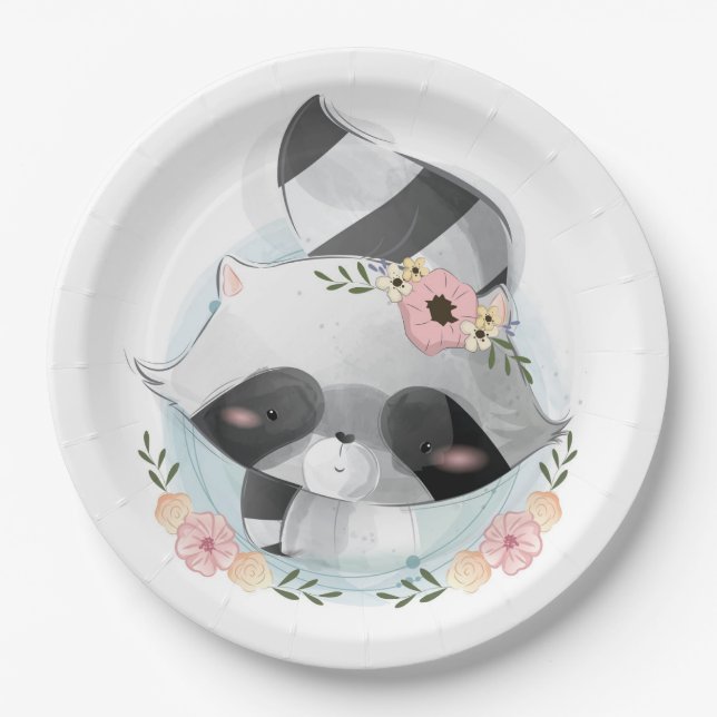 Assiettes En Carton Aquarelle Cute Raccoon Baby shower Plaque papier (Devant)