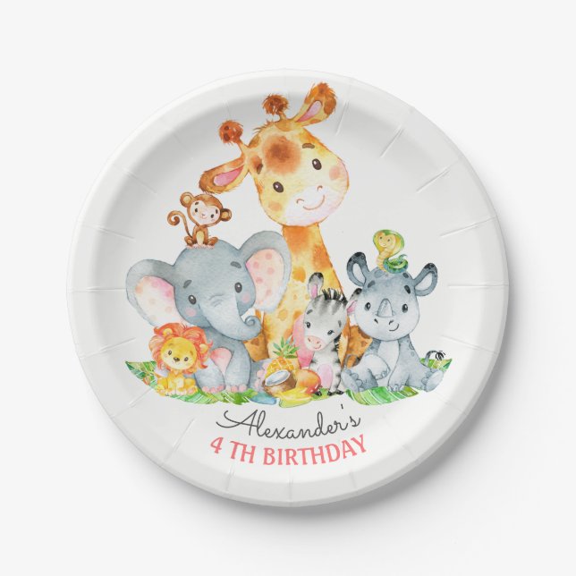 Assiettes En Carton Aquarelle Cute Safari Jungle Animaux Anniversaire (Devant)