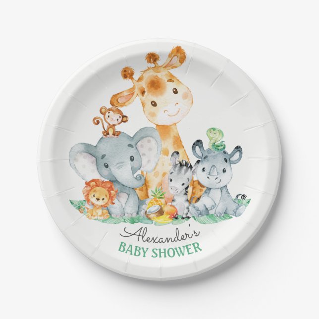 Assiettes En Carton Aquarelle Cute Safari Jungle Animaux Baby shower (Devant)