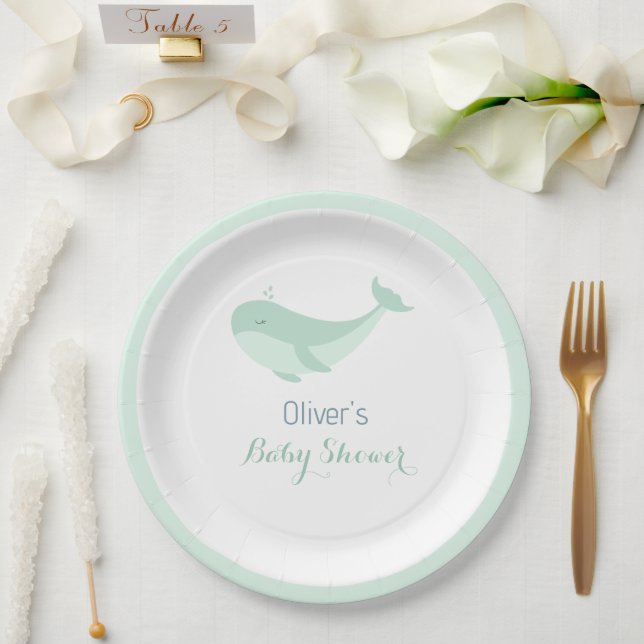Assiettes En Carton Aquarelle de baleine Baby shower bleu vert (Mariage)