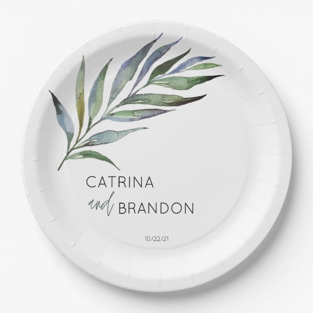 Assiettes En Carton Aquarelle de branche d'olive Mariage personnalisé (Devant)