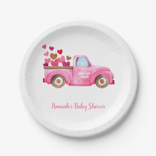 Assiettes En Carton Aquarelle de camion rose Baby shower (Devant)