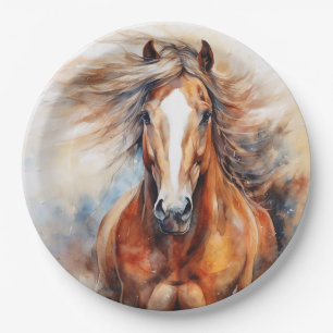 Assiettes En Carton Aquarelle de cheval brun et blanc