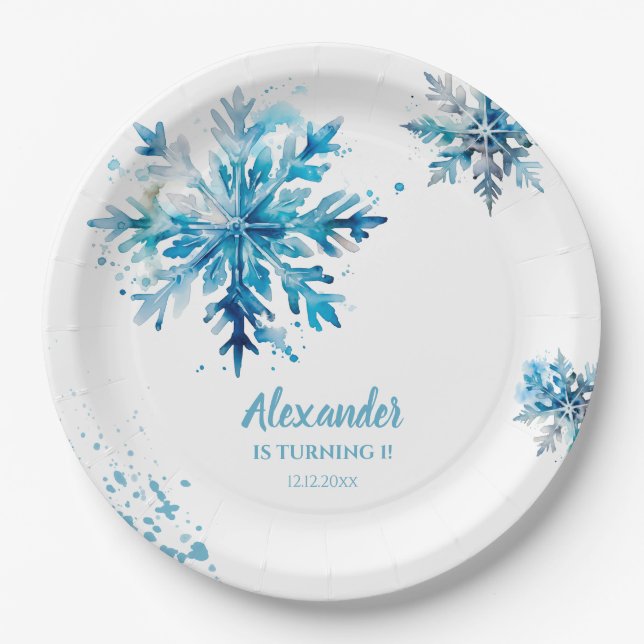 Assiettes En Carton Aquarelle de flocon de neige bleu hiver ONEderland (Devant)