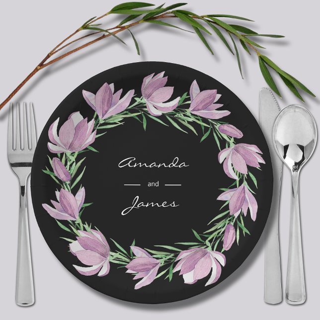 Assiettes En Carton Aquarelle de la couronne de fleurs magnolia (Purple Magnolia Floral Wreath Watercolor Paper Plates)