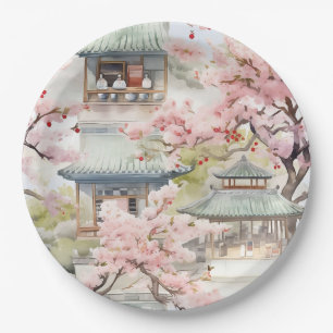 Assiettes En Carton Aquarelle de la pagode asiatique au milieu des fle