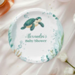 Assiettes En Carton Aquarelle de la tortue marine baby shower<br><div class="desc">Mettez la voile dans une aventure océanique fantasque avec notre Aquarelle sous les plaques de papier de mer. Avec une aquarelle sereine illustrant une baleine ludique nageant à travers des vagues océaniques douces, entourées de créatures marines douces comme l'étoile de mer, les hippocampes et le corail, ces assiettes apportent une...</div>