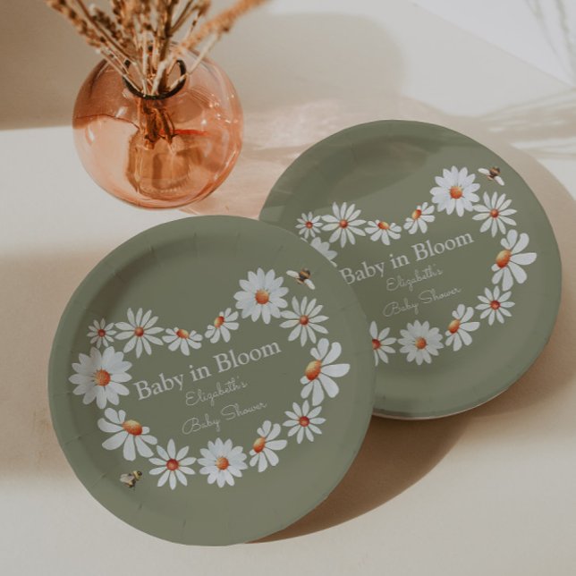Assiettes En Carton Aquarelle de marguerite et Baby shower d'abeille (Créateur téléchargé)
