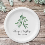 Assiettes En Carton Aquarelle de Noël<br><div class="desc">Ces assiettes en papier festif sont décorées de mistletoe vert aquarelle et disent Joyeux Noël dans la typographie stylisée. Facile à personnaliser. Aquarelle originale © Michele Davies.</div>