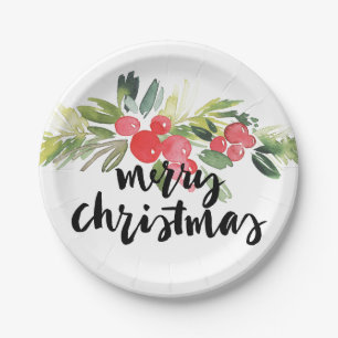 Assiettes En Carton Aquarelle de Noël   - houx de Joyeux Noël