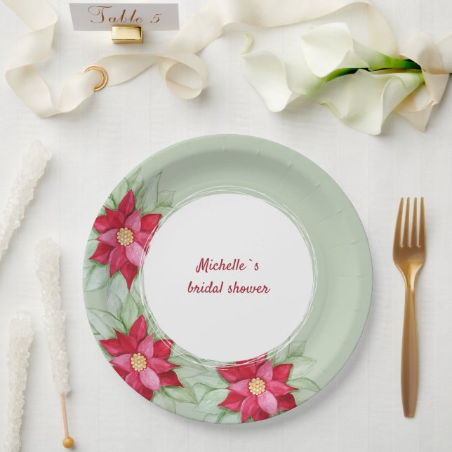 Assiettes En Carton Aquarelle de Noël Poinsettia Peinte à la main (Mariage)