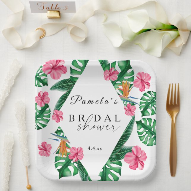 Assiettes En Carton Aquarelle de palme tropicale Fête des mariées géom (Mariage)