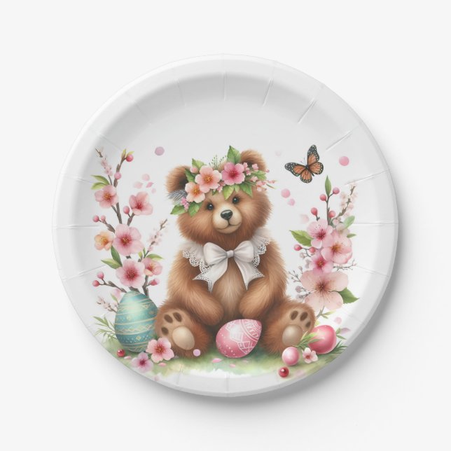 Assiettes En Carton Aquarelle de Pâques OEufs Brown et fleurs - (Devant)