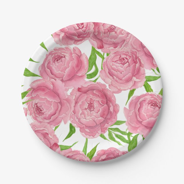 Assiettes En Carton Aquarelle de pivoines roses (Devant)