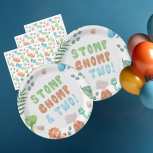 Assiettes En Carton Aquarelle de Stomp, Chomp et deux dinosaures Anniv
