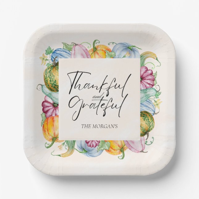 Assiettes En Carton Aquarelle de Thanksgiving Citrouille et feuilles (Recto)