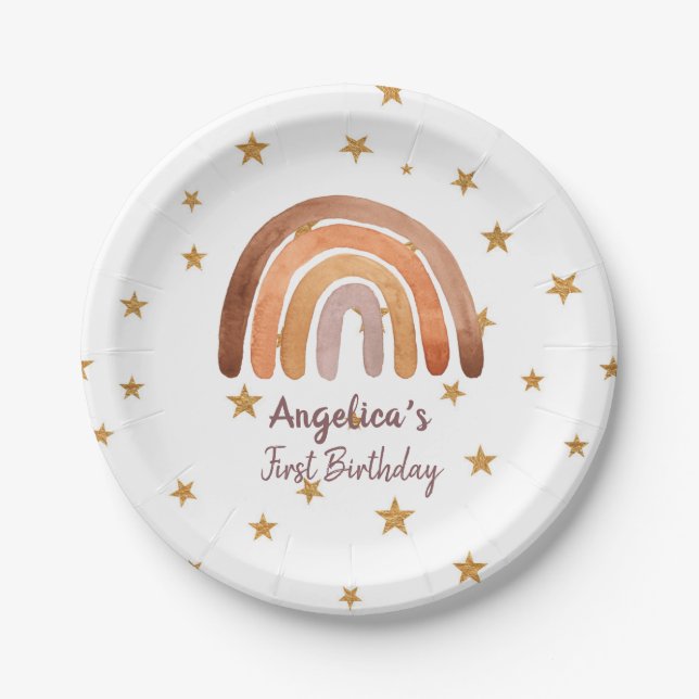 Assiettes En Carton Aquarelle de ton terrestre Arc-en-ciel Premier ann (Devant)