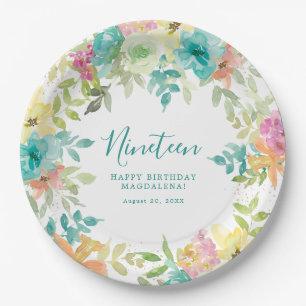 Assiettes En Carton Aquarelle d'été Floral Custom 19e anniversaire