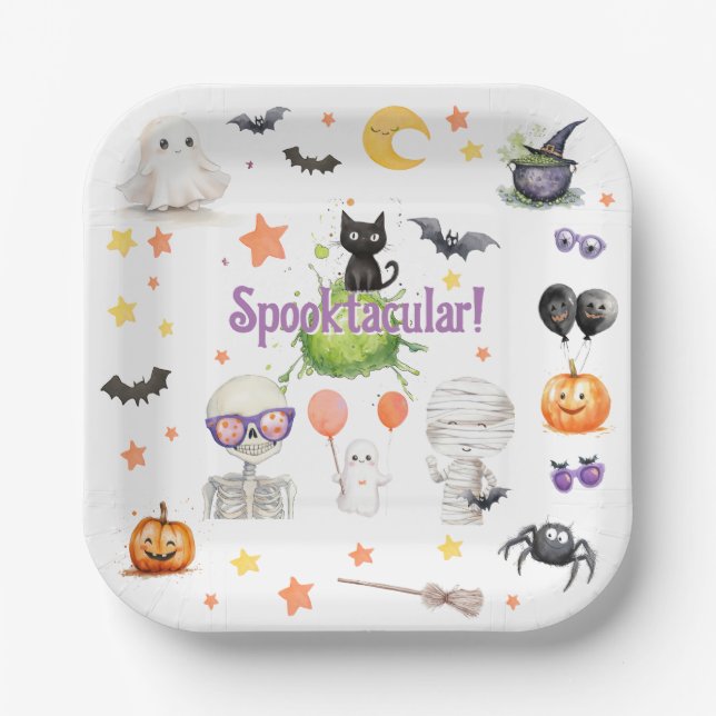 Assiettes En Carton Aquarelle d'Halloween Cute Spooktaculaire (Recto)