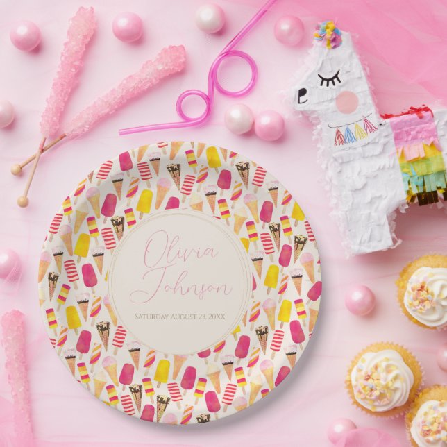 Assiettes En Carton Aquarelle douce été crème glacée (Fête)