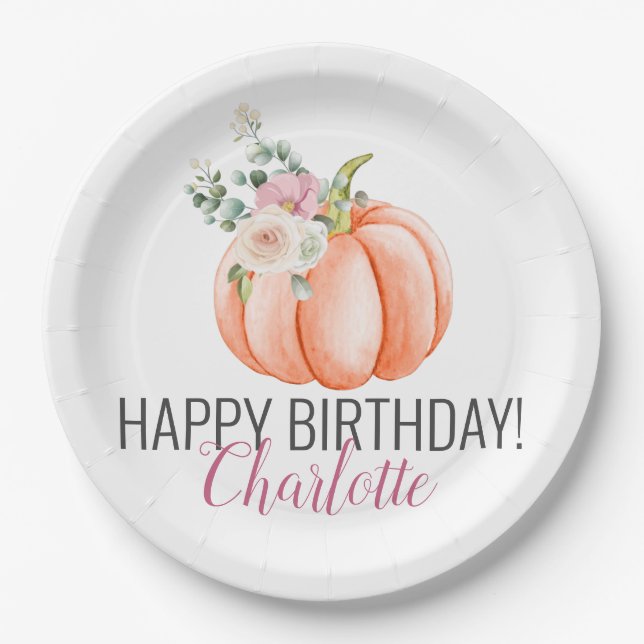 Assiettes En Carton Aquarelle douce Floral Citrouille Anniversaire (Devant)
