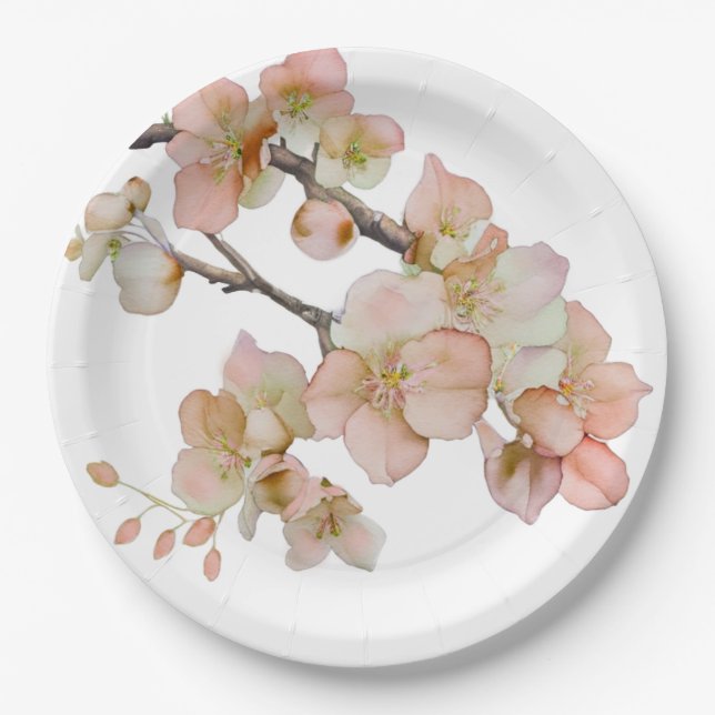 Assiettes En Carton Aquarelle douce oranger rose fleurs d'arbre (Devant)
