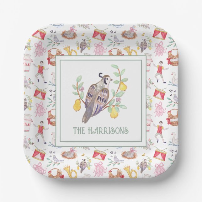 Assiettes En Carton Aquarelle Douze Jours de Noël Personnalisé (Recto)