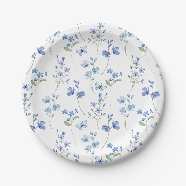 Assiettes En Carton Aquarelle Dusty Bleu Fleur sauvage Plaque papier (Devant)