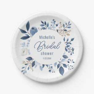 Assiettes En Carton Aquarelle Dusty Blue Floral Boho Fête des mariées