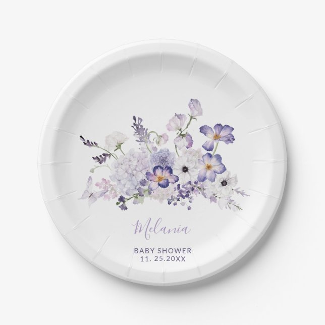 Assiettes En Carton Aquarelle élégant baby shower de fleurs lilas (Devant)