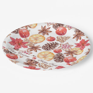 Assiettes En Carton Aquarelle Éléments de Noël Motif sans couture