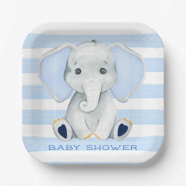 Assiettes En Carton Aquarelle Elephant Avec Baby shower Bleu Stripes (Recto)