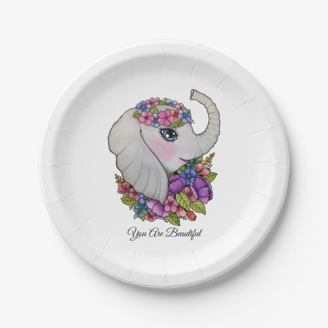 Assiettes En Carton Aquarelle Eléphant Avec Fleurs Sauvages (Devant)