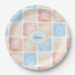 Assiettes En Carton Aquarelle Empreintes de pattes & Coeurs dans les b