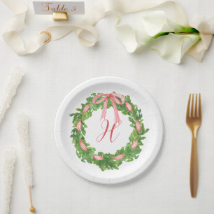 Assiettes En Carton Aquarelle en arc rayé Wreath Monogramme de Noël