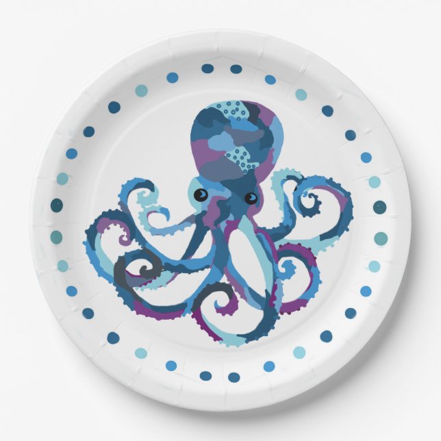Assiettes En Carton Aquarelle en plaque de papier Octopus avec bordure (Devant)