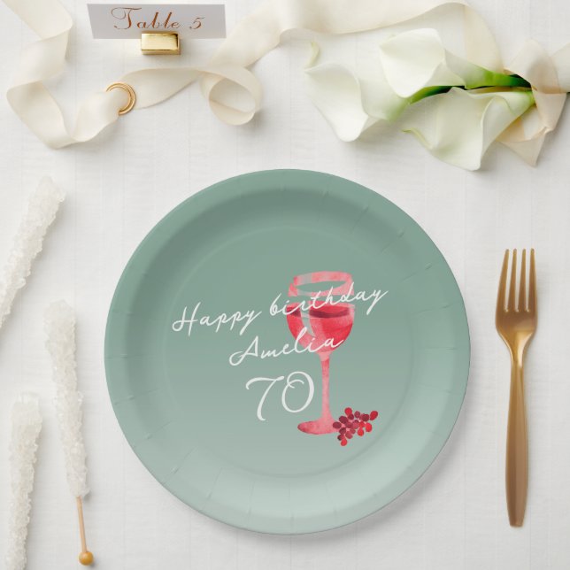 Assiettes En Carton Aquarelle en verre de vin rouge 70e anniversaire (Mariage)