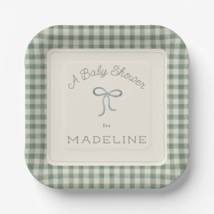 Assiettes En Carton Aquarelle En vichy Antique Sage Baby shower vert