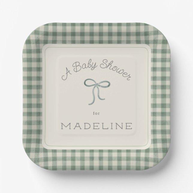 Assiettes En Carton Aquarelle En vichy Antique Sage Baby shower vert (Recto)
