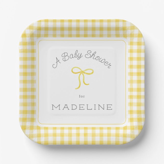 Assiettes En Carton Aquarelle En vichy Baby shower jaune (Recto)
