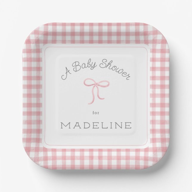 Assiettes En Carton Aquarelle En vichy Baby shower rose (Recto)