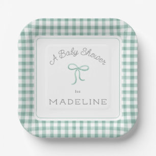 Assiettes En Carton Aquarelle En vichy Baby shower vert Sage