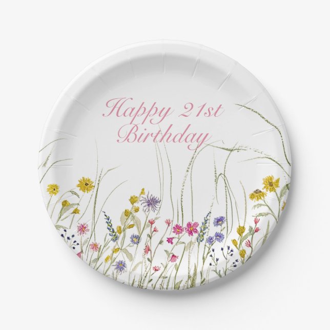 Assiettes En Carton Aquarelle Fleur sauvage Plaque de fête - 21e anniv (Devant)