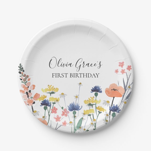 Assiettes En Carton Aquarelle fleur sauvage PREMIER ANNIVERSAIRE (Devant)
