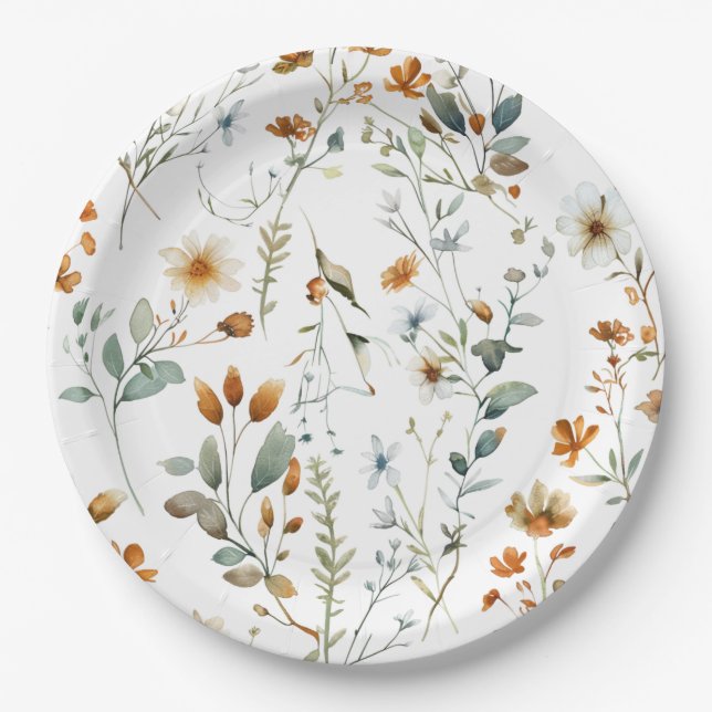 Assiettes En Carton Aquarelle fleur sauvage style Boho (Devant)