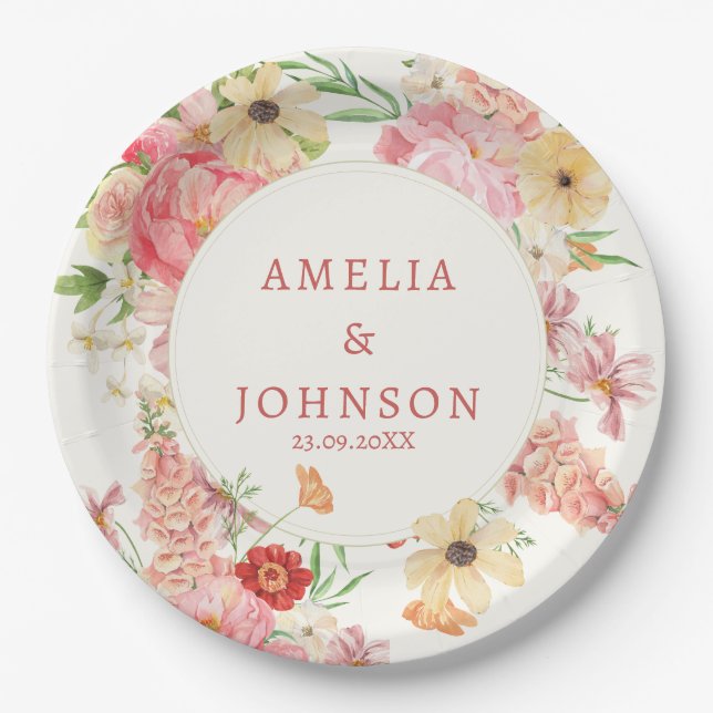 Assiettes En Carton Aquarelle fleurie crème au beurre mariage nom du c (Devant)